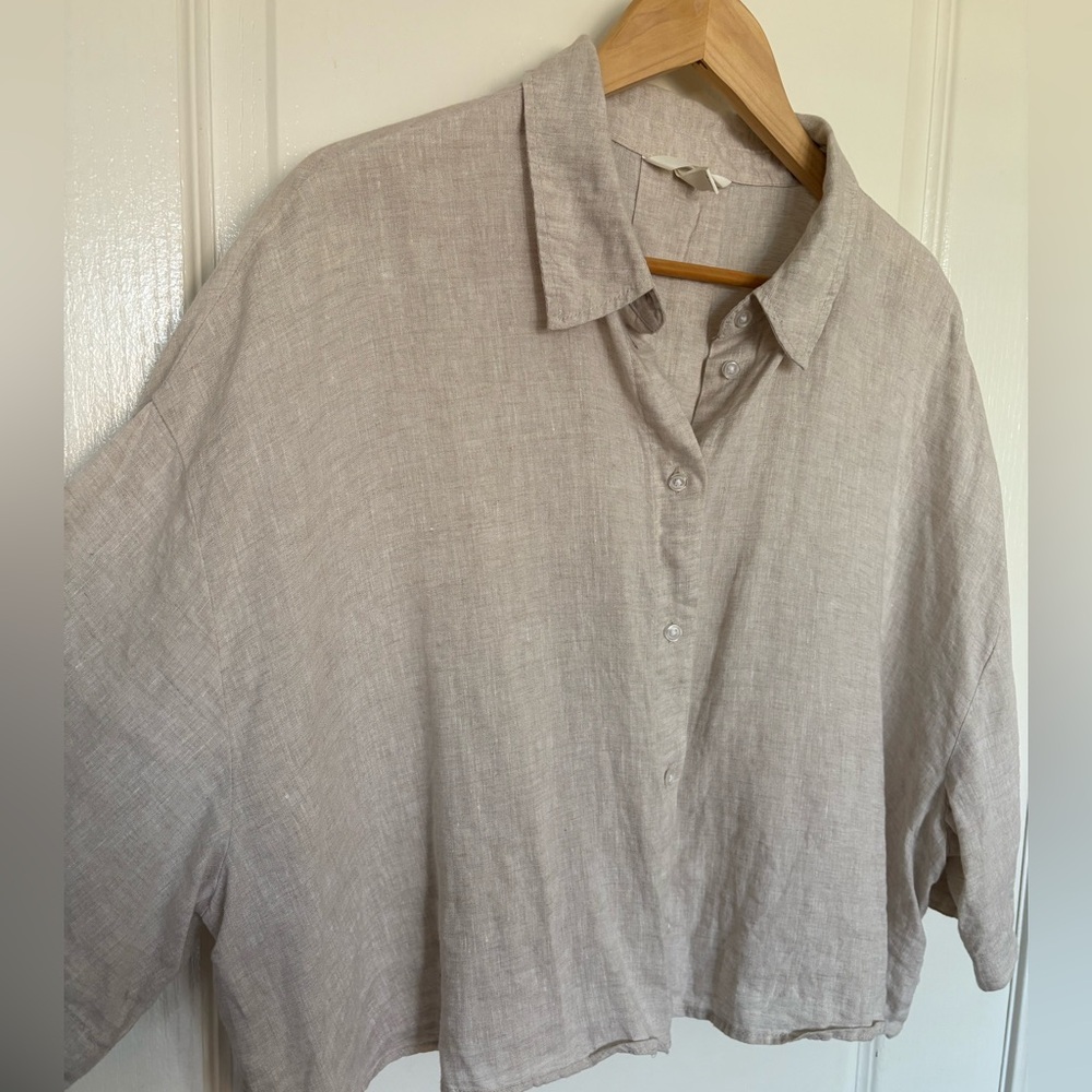 💯% Linen Oversized Short Sleeves Light Beige Taupe Bone Colour Cropped Shirt XXL - Picture 5 of 11